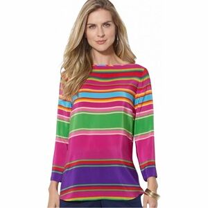 Ralph Lauren Multicolor Striped Long Sleeve Boatneck Silk Top